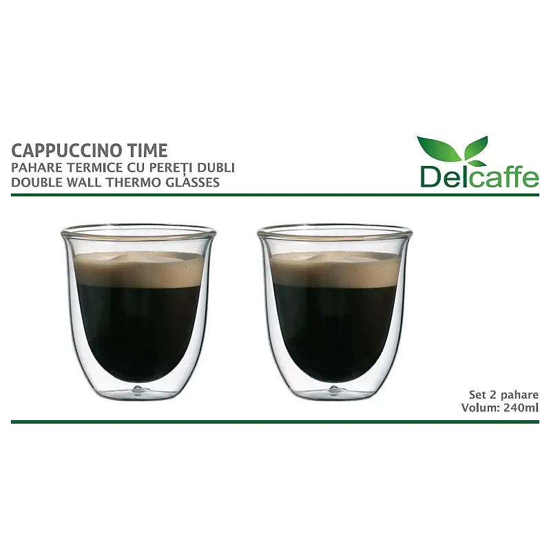 Set 2 Pahare Thermo  Cu Pereti Dubli, Cappuccino, 240Ml , Delcaffe