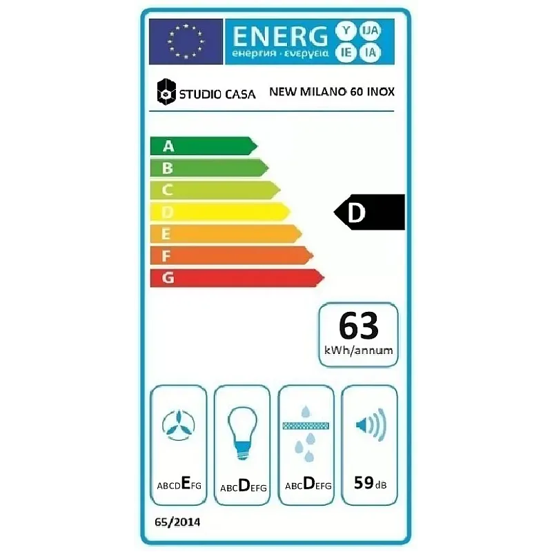 Hota decorativa Studio Casa New Milano Inox, 60 cm, Putere de absorbtie 400 m3/h, 1 motor Turbo, Inox