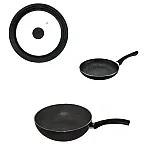 Set Tigaie Inalta Aluminiu 26 Cm + Tigaie Cu Maner 24 Cm + Capac Multisize 24/26/28 Cm Pepita Granit, Studio Casa