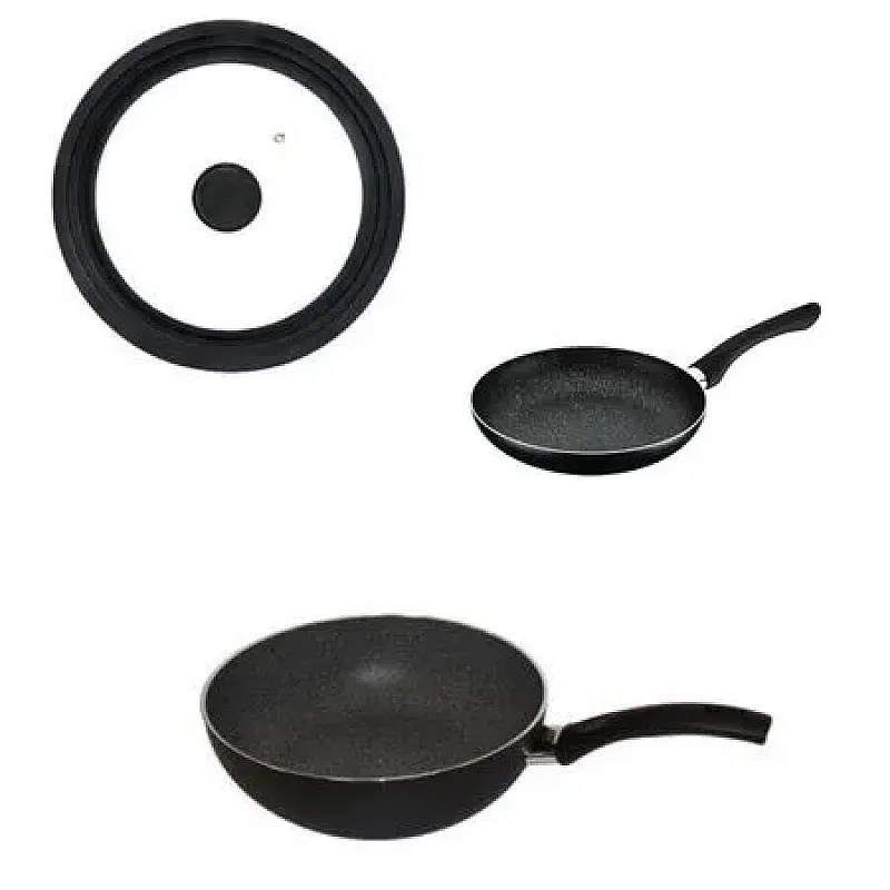 Set Tigaie Inalta Aluminiu 26 Cm + Tigaie Cu Maner 24 Cm + Capac Multisize 24/26/28 Cm Pepita Granit, Studio Casa