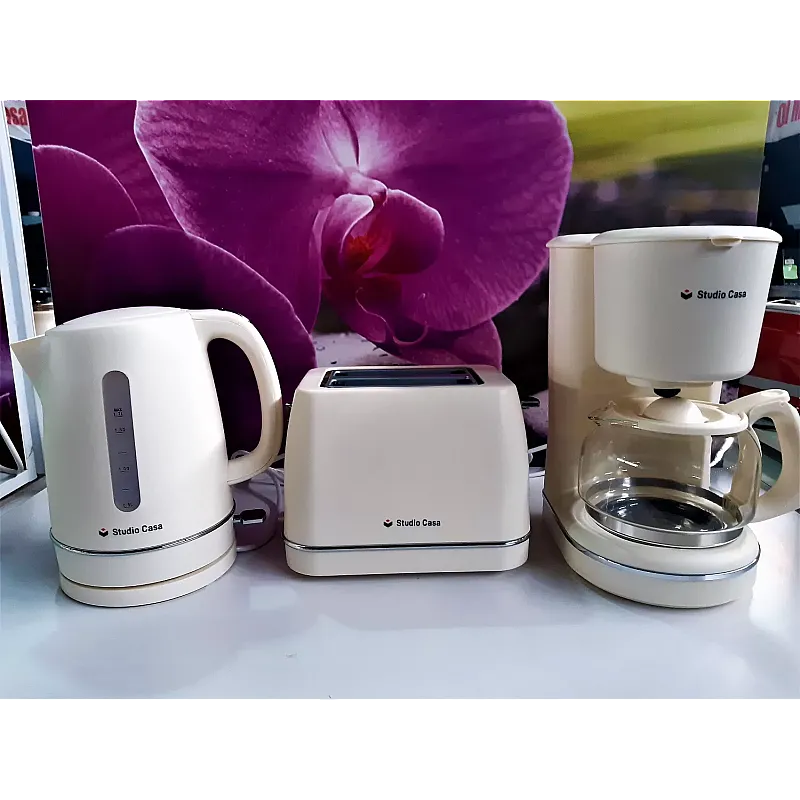 Pachet filtru de cafea , prajitor de paine si cana electrica Studio Casa, Duchess Ivory, 870 W, 1.25 l, Carafa sticla