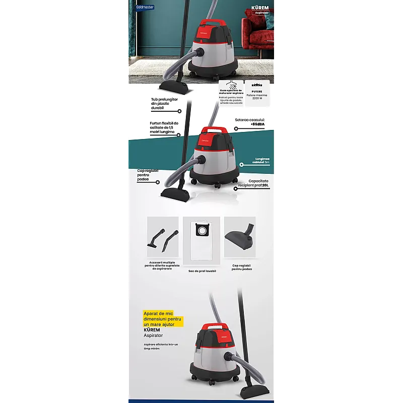 Aspirator cu sac Goldmaster Kurem GM-7590S, 2200W, Colectare 20l