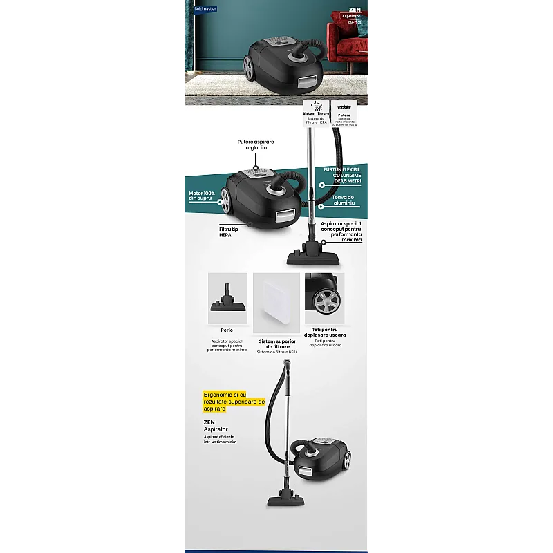 Aspirator cu sac Goldmaster Zen GM-7575S, 900W, Negru