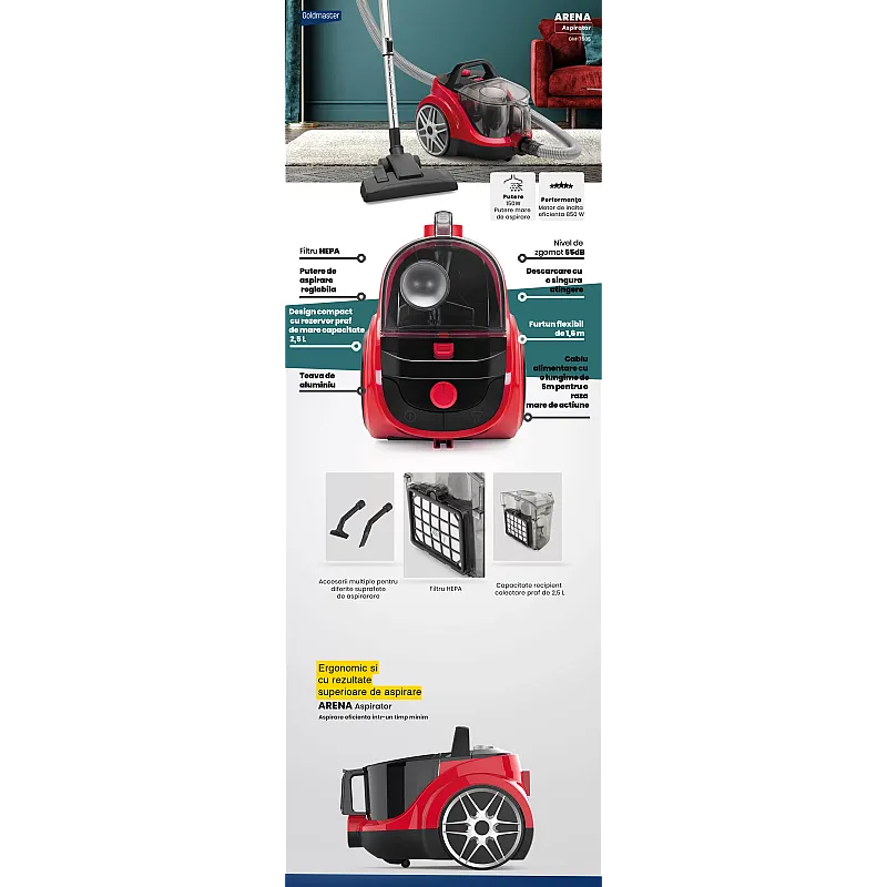 Aspirator fara sac Goldmaster Arena GM-7505, 850W, Rosu