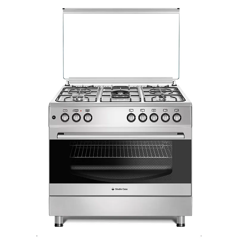 Pachet Aragaz clasic 5 arzatoare gaz, Cuptor gaz, 90x60cm, Studio Casa, FE9060 Inox, Grill, Rotisor, Aprindere electrica+Hota Decorativa 90 Cm, Kaminox90, 1 Motor Turbo , Studio Casa