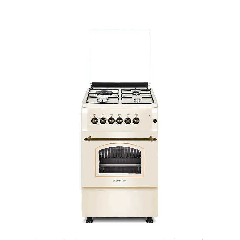 Pachet aragaz rustic 3 arzatoare gaz,1 arzator electric  Firenze FE50/553G + Hota incorporabila telescopica, 60 cm, Lean Retro Beige, putere de absorbtie 347 m3/h, Studio Casa