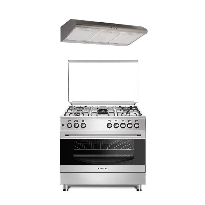 Pachet Aragaz Studio Casa FE 9060 inox, Gaz, 5 arzatoare, Aprindere electrica, Grill, Rotisor, Timer, 90 cm, Inox + Hota clasica Studio Casa ST2196, Putere de absorbtie 348 mc/h, 2 motoare, 90 cm, Inox