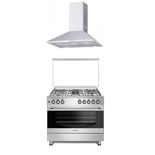 Pachet Aragaz clasic 5 arzatoare gaz, Cuptor gaz, 90x60cm, Studio Casa, FE9060 Inox, Grill, Rotisor, Aprindere electrica+Hota Decorativa 90 Cm, Kaminox90, 1 Motor Turbo , Studio Casa