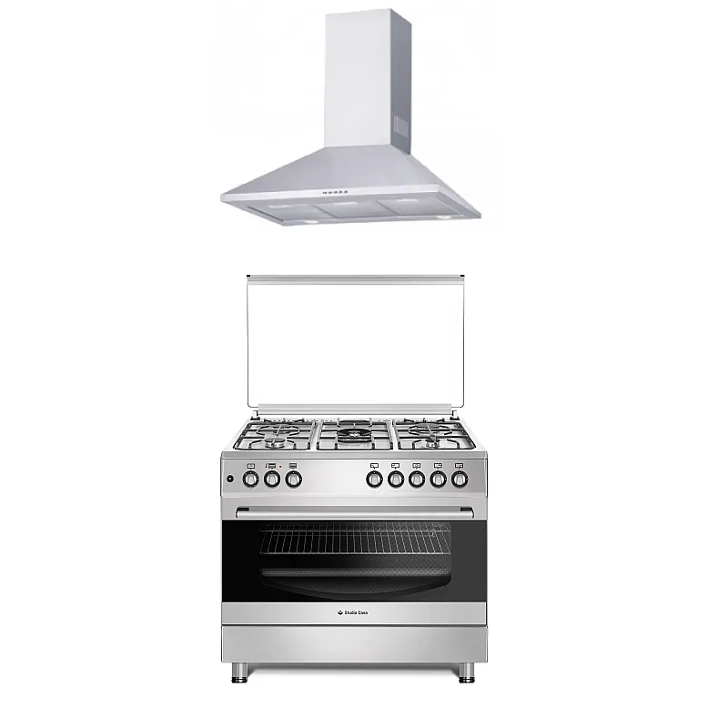 Pachet Aragaz clasic 5 arzatoare gaz, Cuptor gaz, 90x60cm, Studio Casa, FE9060 Inox, Grill, Rotisor, Aprindere electrica+Hota Decorativa 90 Cm, Kaminox90, 1 Motor Turbo , Studio Casa