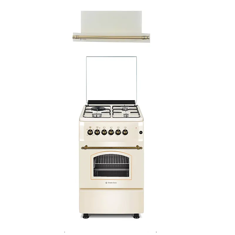 Pachet aragaz rustic 3 arzatoare gaz,1 arzator electric  Firenze FE50/553G + Hota incorporabila telescopica, 60 cm, Lean Retro Beige, putere de absorbtie 347 m3/h, Studio Casa