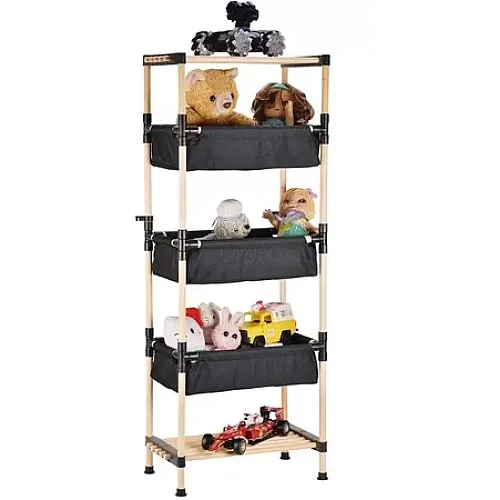 Etajera din lemn cu 3 cosuri din material textil, 120 cm, Seowood