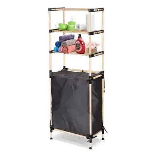 Etajera din lemn cu 3 etajere si cos de rufe din material textile, Seowood