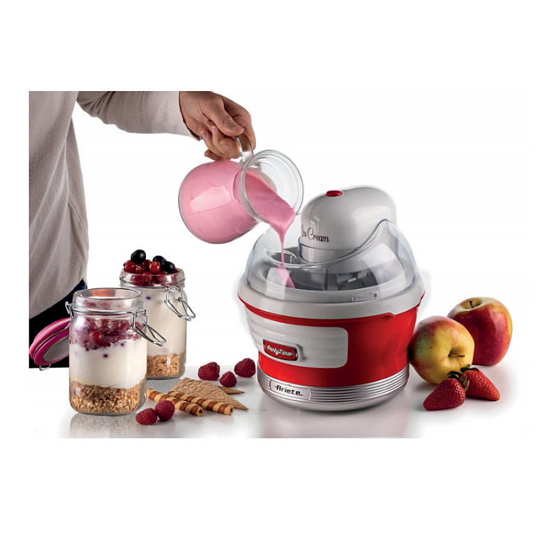 Aparat de inghetata, sorbet si iaurt inghetat 0643 Party Time Maker Ariete, Capacitate 1.5 l, Recipient detasabil, 12 W, Buton On/Off, Alb/Rosu