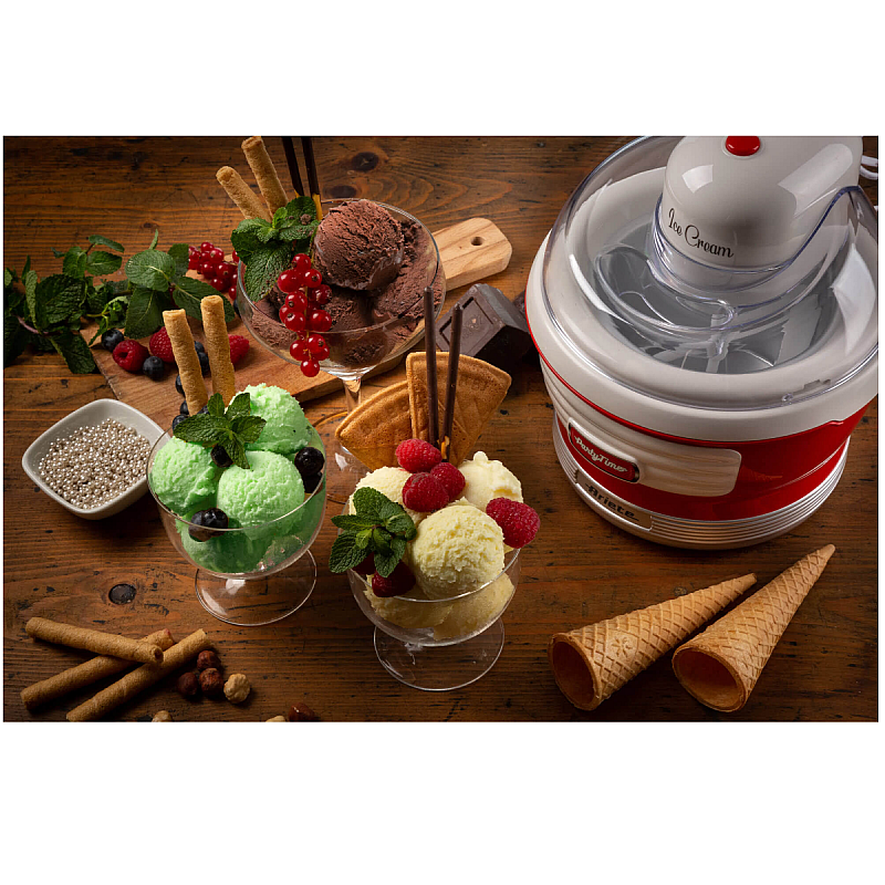 Aparat de inghetata, sorbet si iaurt inghetat 0643 Party Time Maker Ariete, Capacitate 1.5 l, Recipient detasabil, 12 W, Buton On/Off, Alb/Rosu