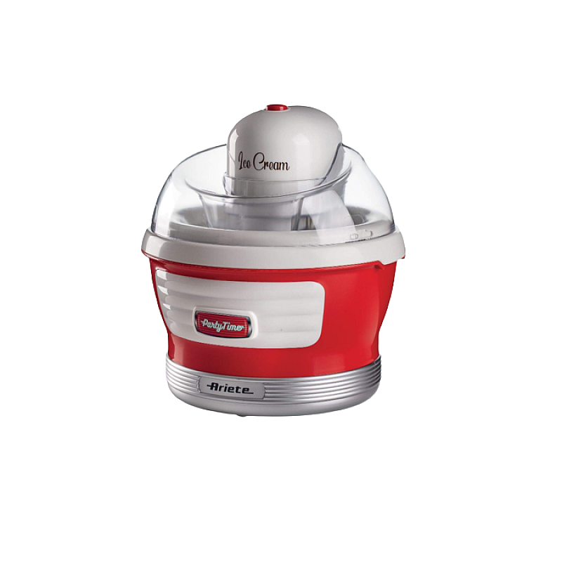 Aparat de inghetata, sorbet si iaurt inghetat 0643 Party Time Maker Ariete, Capacitate 1.5 l, Recipient detasabil, 12 W, Buton On/Off, Alb/Rosu