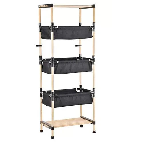 Etajera din lemn cu 3 cosuri din material textil, 120 cm, Seowood