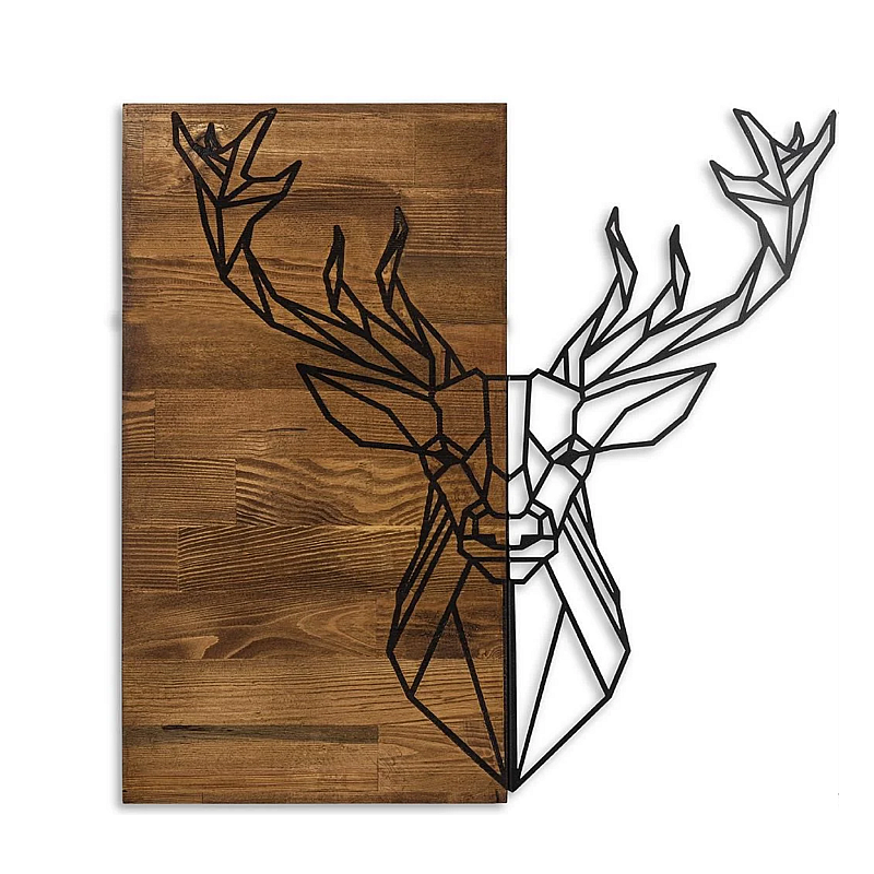 Decoratiune de perete Deco Art  Studio Casa, Lemn si metal, Design Cerb, 56 x 58 x 3 cm, Maro nuc/Negru