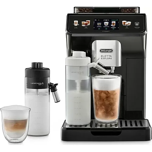 Espressor automat De’Longhi Eletta Explore ECAM 450.65.G, 50+ tipuri de bauturi, 19 bari, 2 Carafe cu tehnologie LatteCrema (Hot & Cool), Tehnologie de extractie la rece, Rasnita cu tehnologie Bean Adapt, Coffee Link App, 1450W, Gri inchis