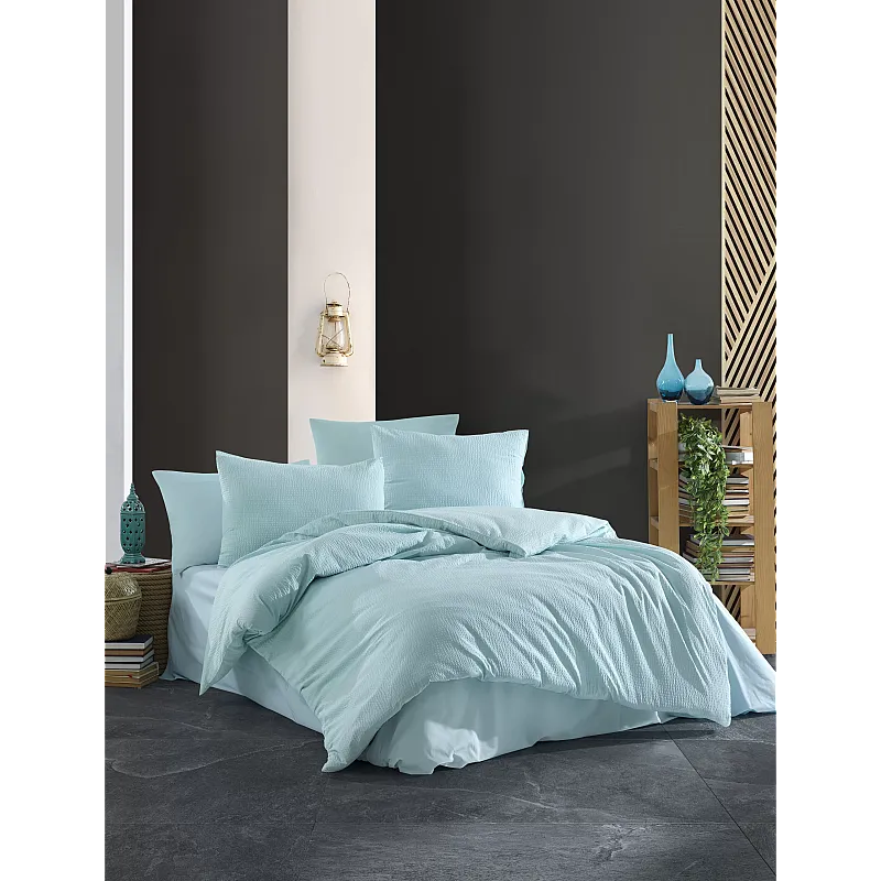 Lenjerie pat dublu Waffle Mint Studio Casa, 100% Bumbac Krep, Cearceaf pilota 200 x 220 cm, Cearceaf pat 240 x 260 cm, 2 fete de perna 50 x 70 cm, Multicolor