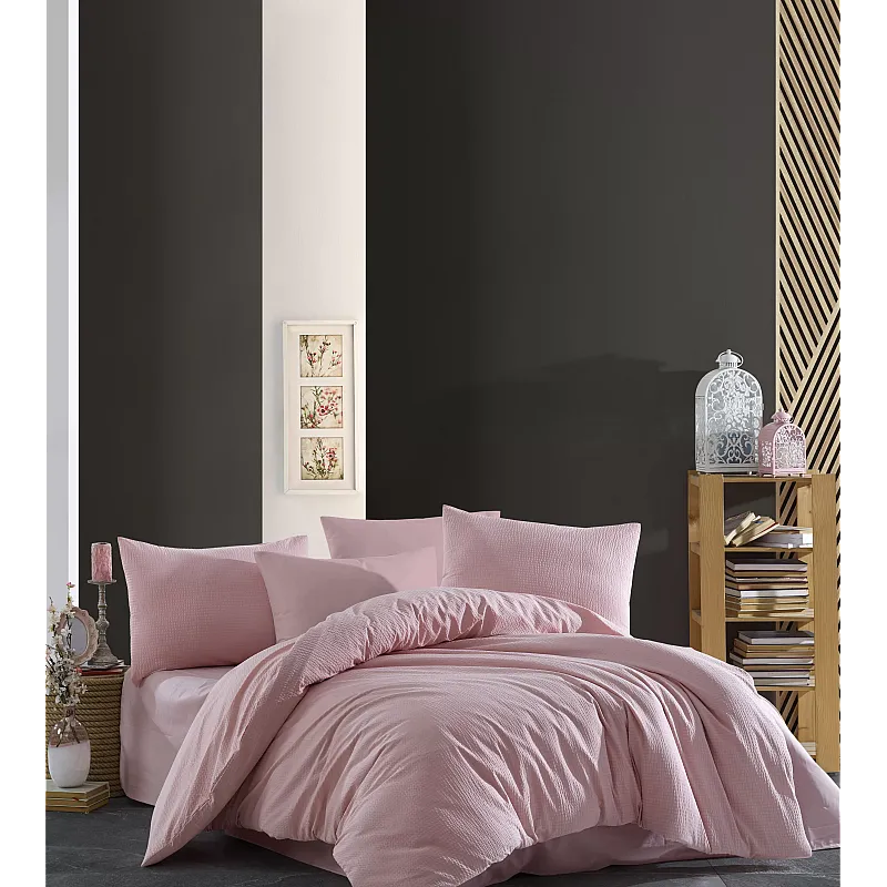 Lenjerie pat dublu Waffle Rose Studio Casa, 100% Bumbac Krep, Cearceaf pilota 200 x 220 cm, Cearceaf pat 240 x 260 cm, 2 fete de perna 50 x 70 cm, Multicolor
