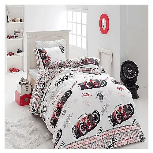 Lenjerie pat single Old Car Studio Casa, 100% Bumbac ranforce, Cearceaf pilota 160 x 220 cm, Cearceaf pat 150 x 220 cm, 1 fata de perna 50 x 70 cm, Multicolor