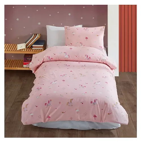 Lenjerie pat single Unicorn Studio Casa, 100% Bumbac ranforce, Cearceaf pilota 160 x 220 cm, Cearceaf pat 150 x 220 cm, 1 fata de perna 50 x 70 cm, Roz