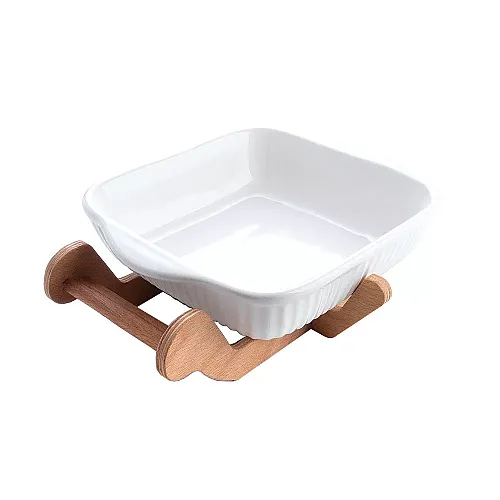 Platou Servire Patrat pe Suport de Lemn, 20cm, ceramica termorezistenta pentru cuptor, Alb