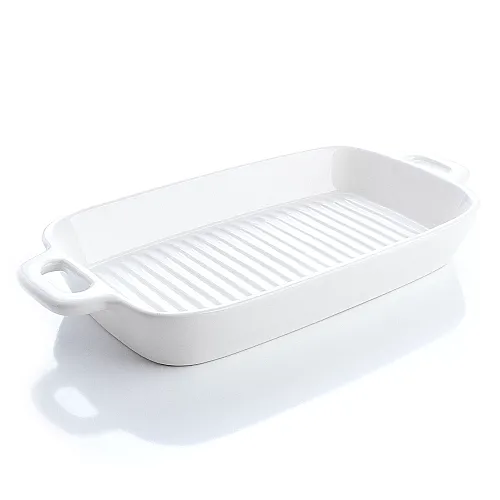 Platou servire cu manere, Tip grill  26 x 15 cm, ceramica termorezistenta pentru cuptor, Alb