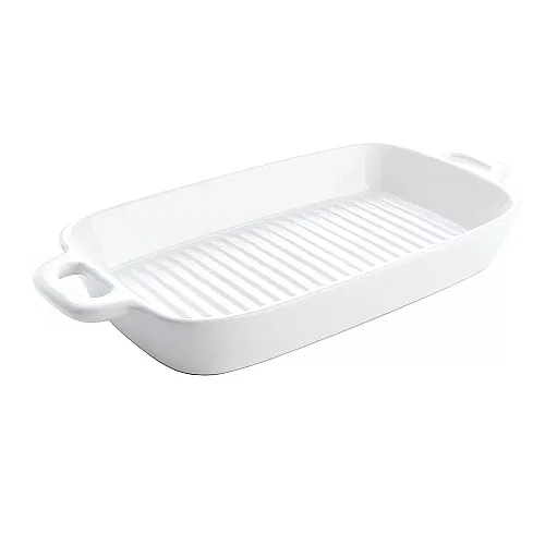 Platou servire cu manere, Tip grill  26 x 15 cm, ceramica termorezistenta pentru cuptor, Alb