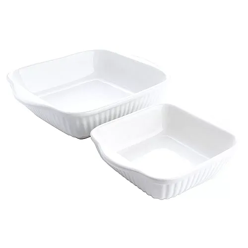 Set 2 Platouri patrate 21 cm x 21 cm, 15 cm x 15 cm, ceramica termorezistenta pentru cuptor, Alb