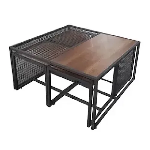 Set 5 masute cafea Studio Casa, structura fier forjat, design lemn natur, 90 x 90 x 46 cm, Negru/Maro