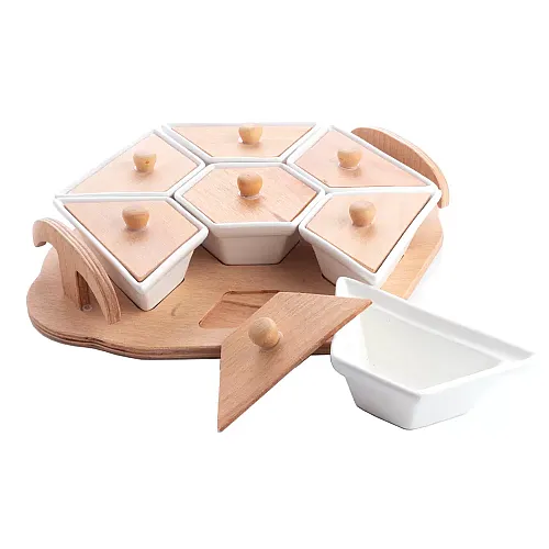 Set servire mic dejun - 7 vase pe suport de lemn, 10  x 10 x 5 cm, Ceramica, Alb