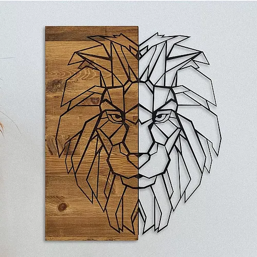 Decoratiune de perete Deco Art  Studio Casa, Lemn si metal, Design Lion,  47,5 x 58 x 3 cm, Maro nuc/Negru