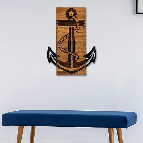 Decoratiune de perete Deco Art  Studio Casa, Lemn si metal, Design Ancora, 47 x 58 x 3 cm, Maro nuc/Negru