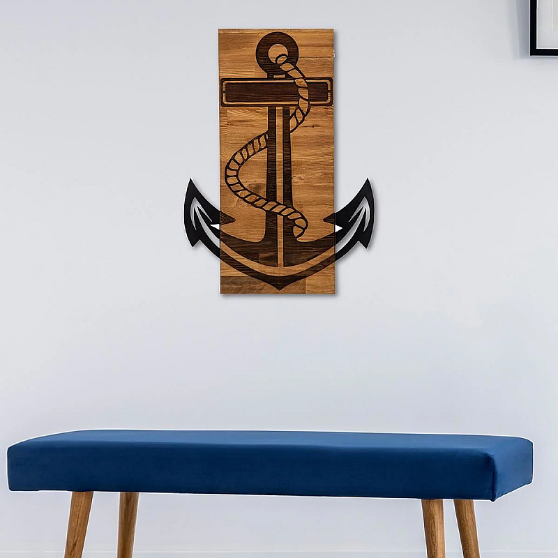 Decoratiune de perete Deco Art  Studio Casa, Lemn si metal, Design Ancora, 47 x 58 x 3 cm, Maro nuc/Negru