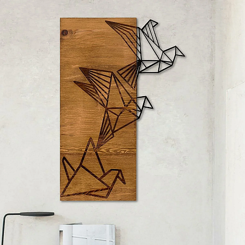 Decoratiune de perete Deco Art Studio Casa, Lemn si metal, Design Pasari,47 x 58 x 3 cm, Maro nuc/Negru
