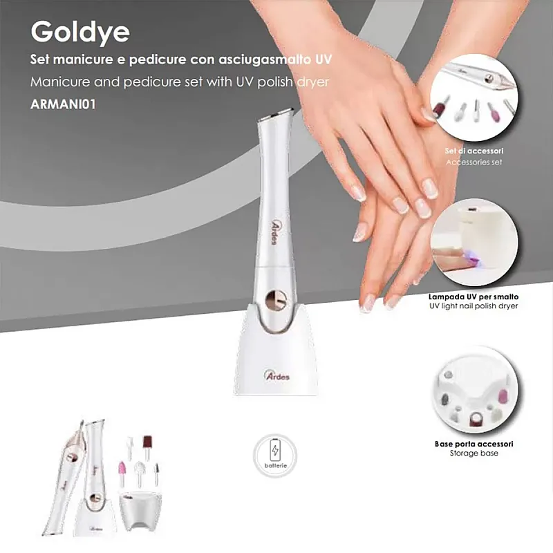 Set de manichiura si pedichiura Ardes Goldye ARMANI01 cu uscator de lac de unghii UV alb