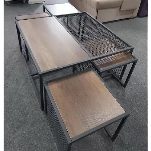 Set 5 masute cafea Studio Casa, structura fier forjat, design lemn natur, 90 x 90 x 46 cm, Negru/Maro