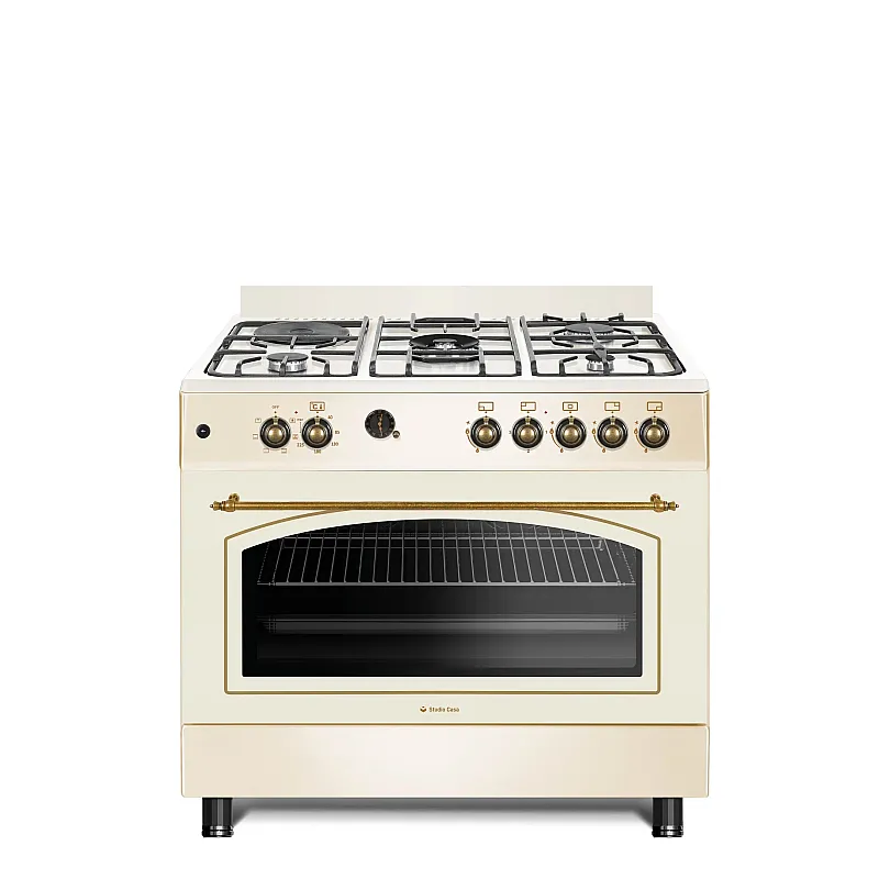 Aragaz Studio Casa, FE90/60 El Avena Rustic, 90 cm, Cuptor electric, 4 arzatoare gaz, din care unul Wok + 1 ochi electric, Rotisor, Grill, electric, Gratare fonta