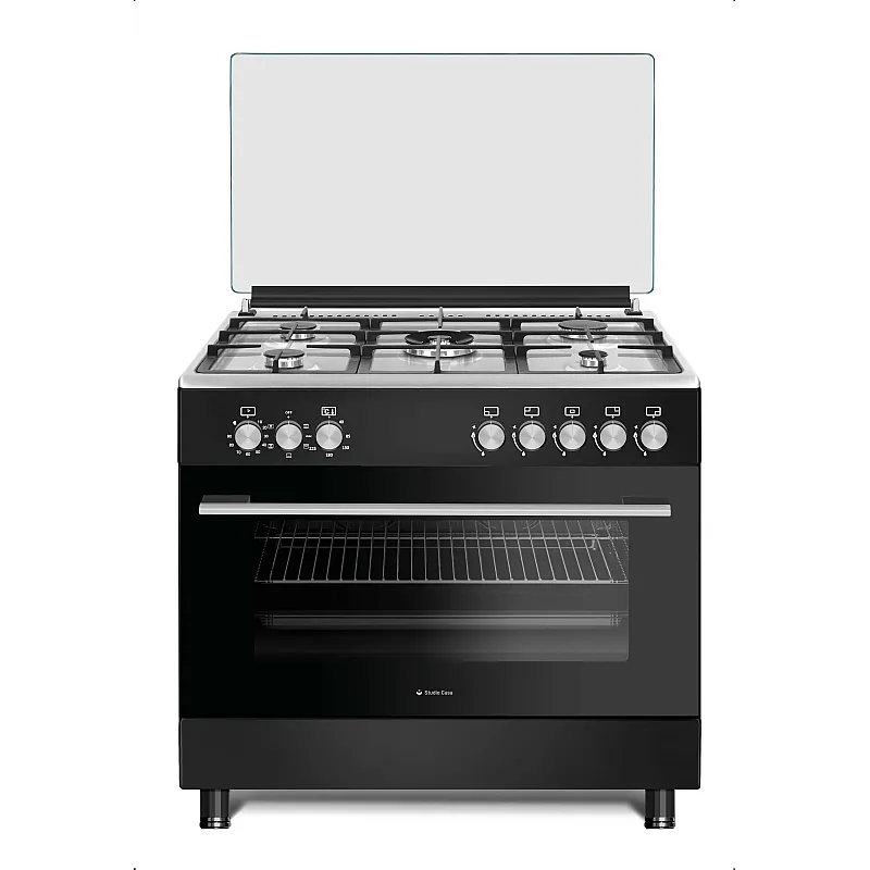 Aragaz clasic 5 arzatoare gaz, Cuptor electric, 90x60cm, Studio Casa Bergamo, negru cu plita inox, Rotisor, Ventilator, Aprindere electrica, gratare fonta - Studiocasa.ro