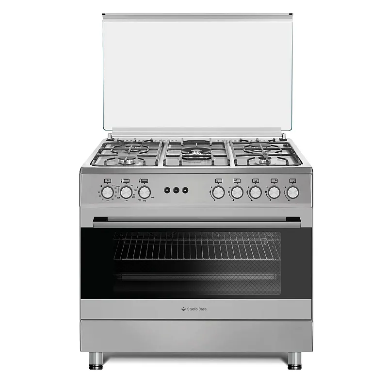 Aragaz gaz  90 cm Prato Inox Studio Casa, 5 zone de gatit, Gaz, Wok, Cuptor gaz,  Rotisor, Timer digital, Grill electric, Gratar fonta,  Aprindere electrica, Clasa energetica A, Inox - Studiocasa.ro