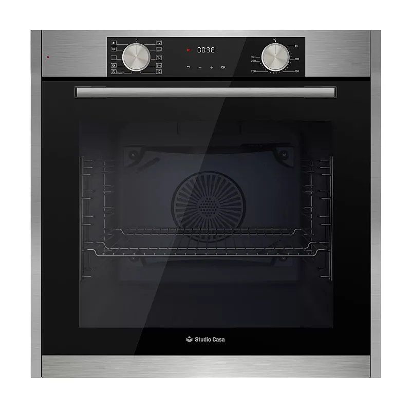 Pachet incorporabil Studio Casa Nero Bellagio, Cuptor electric, Plita gaz sticla neagra 70 cm si Hota telescopica neagra, 10 functii, 81 l, Grill, Rotisor, Ventilator, Autocuratare catalitica, Display Touch, Sticla neagra / Inox