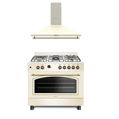 Pachet Aragaz Studio Casa, FE90/60 El Avena Rustic, 90 cm, Cuptor electric, 4 arzatoare gaz, din care unul Wok + Hota decorativa cu design rustic Tosca Turbo 90 cm