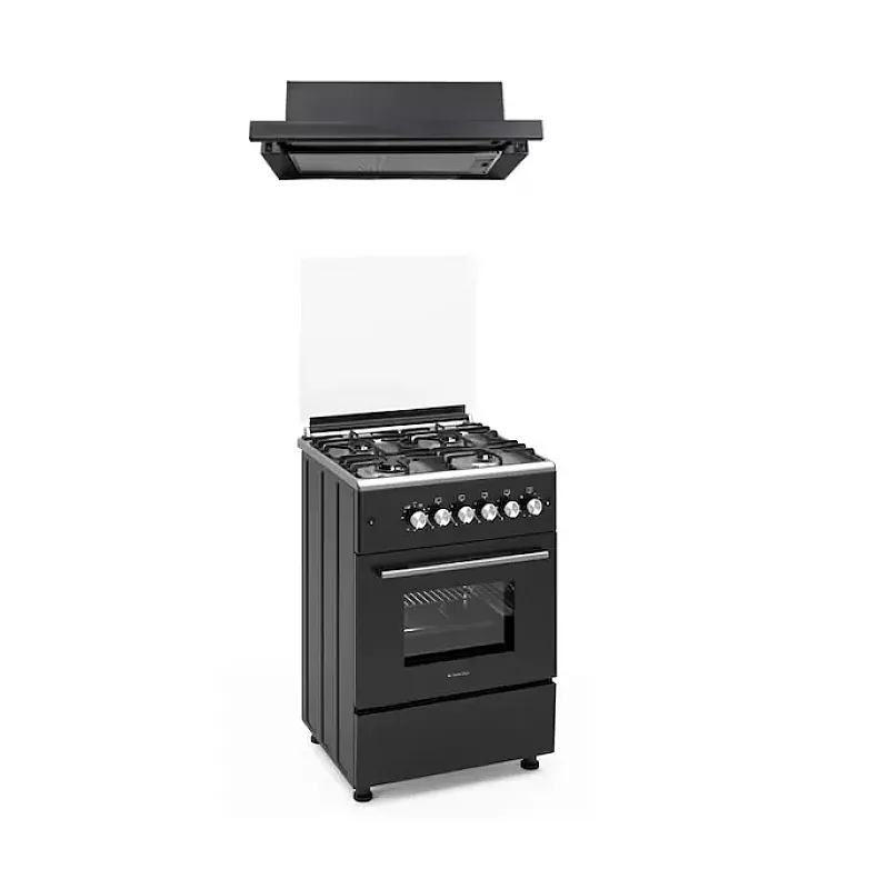 Pachet aragaz clasic 4 arzatoare gaz Studio Casa Duo Marco , Cuptor gaz, 57 x 57 cm, Rotisor, Ventilator, Grill gaz si Hota telescopica Studio Casa Wind Turbo Black - Studiocasa.ro