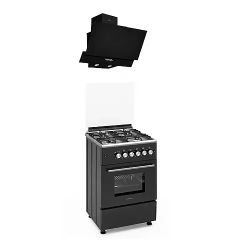 Pachet aragaz clasic 4 arzatoare gaz Studio Casa Glam Marco si, Cuptor gaz, 57 x 57 cm, Rotisor, Ventilator, Grill gaz, Aprindere electrica, Gratare fonta, Negru, Hota decorativa sticla neagra