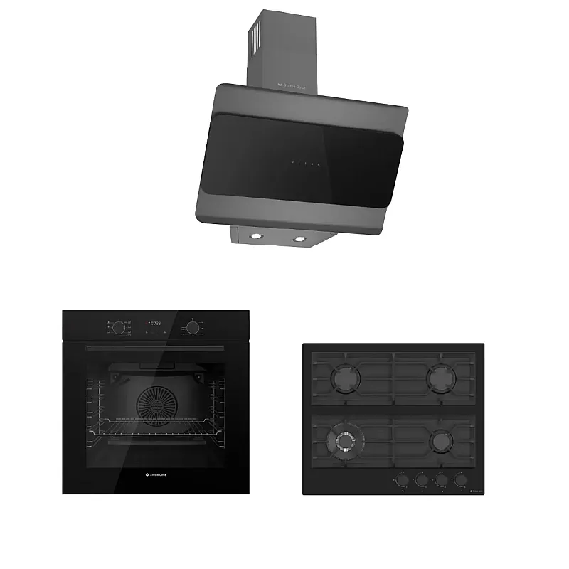 Pachet incorporabil Studio Casa Black Rialto, Cuptor electric sticla neagra, Plita gaz neagra si hota decorativa sticla neagra, 78 l, 7 functii, Ventilator, Autocuratare catalitica, Clasa energetica A, Sticla neagra