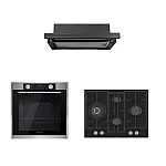 Pachet incorporabil Studio Casa Nero Bellagio, Cuptor electric, Plita gaz sticla neagra 70 cm si Hota telescopica neagra, 10 functii, 81 l, Grill, Rotisor, Ventilator, Autocuratare catalitica, Display Touch, Sticla neagra / Inox