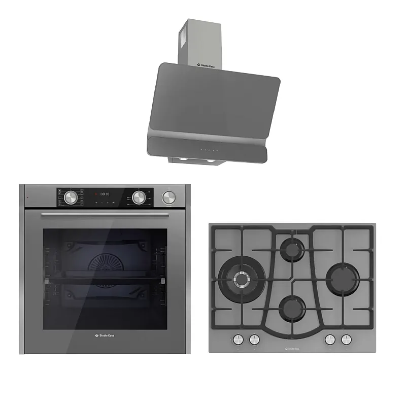 Pachet incorporabil Studio Casa Plane Elegance Aqua Cooking, Cuptor electric sticla gri, Plita gaz 70 cm sticla gri, Hota decorativa sticla gri, 10 functii, Grill, Rotisor, Coacere asistata cu abur, Sticla gri / Inox