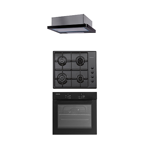 Pachet  incorporabil cuptor electric, plita gaz si hota telescopica front sticla neagra,  City Black Studio Casa, 56 l, Clasa energetica A, 6 functii, 4 arzatoare gaz, Negru