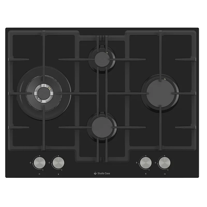 Plita gaz incorporabila Studio Casa Bellagio Nero, 70 cm, 4 arzatoare gaz, Wok, Aprindere electrica, Gratare fonta, Valve de siguranta, Sticla neagra
